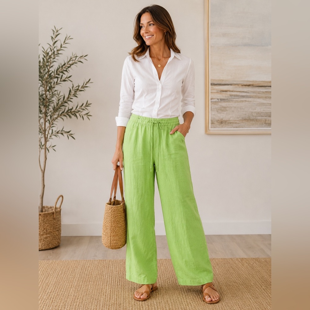 Madison Studio BoHo Chic Bright Lime Green 100 Percent Linen Pants Size 12